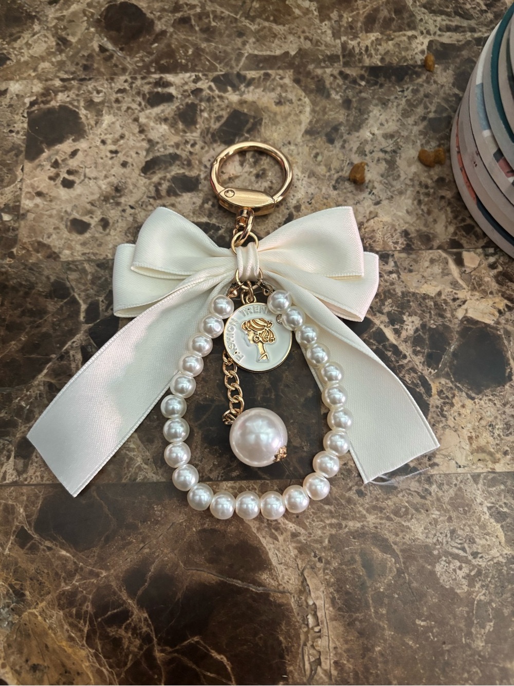 Pearl Bow Keychain Charm - Ivory with Gold Accents